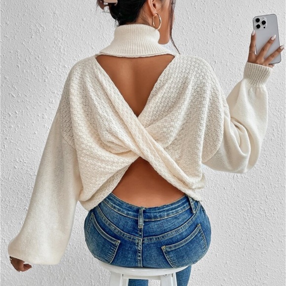 Cozy Turtleneck Reservable Twist Criss Cross Front Back Long Sleeve Sweater Top - Picture 2 of 6